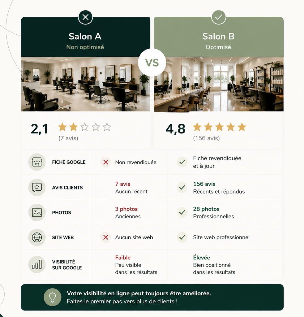 Salon A vs Salon B — comparaison de visibilité Google